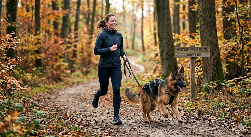 Woman jogging on a leaf-strewn forest path with a German Shepherd on a leash.