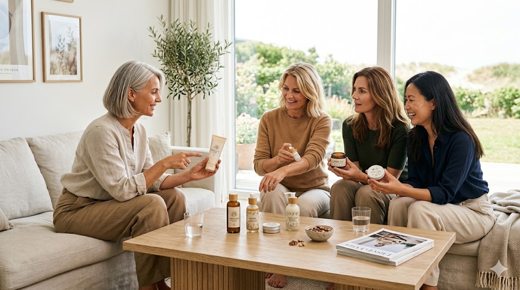 Four women sit on a living room sofa, discussing skincare products laid out on a wooden coffee table.