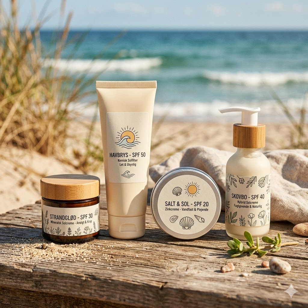 Assorted beach skincare products arranged on a weathered wooden plank by the sea, including SPF 50 sunscreen tube, SPF 30 cream, SPF 20 salve, and SPF 40 lotion, with sand, shells, and waves in the background.